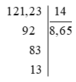 Trong phép tính 121,23:14 và có thương là 8,65. Vậy số dư là bao nhiêu (ảnh 1)