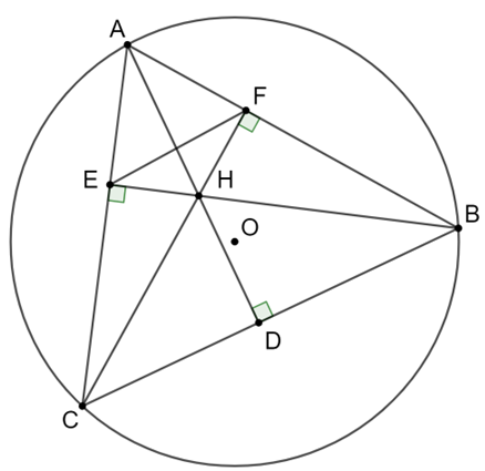 Cho tam giác nhọn ABC nội tiếp đường tròn (O), các đường cao AD, BE, CF cắt (ảnh 1)