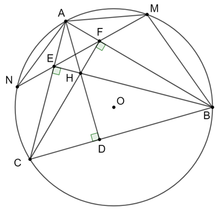 Cho tam giác ABC nội tiếp đường tròn (O), các đường cao AD, BE, CF cắt nhau tại (ảnh 1)