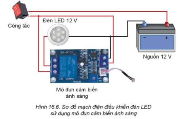 Quan sát Hình 16.6 và nêu tên các thành phần chính của mạch điện điều khiển đèn LED sử dụng mô đun cảm biến ánh sáng?   (ảnh 1)