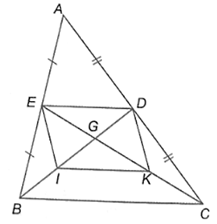 Cho tam giác ABC, các đường trung tuyến BD, CE cắt nhau tại G. Gọi I, K theo thứ tự là trung điểm của GB, GC. Chứng minh rằng: El = DK.  (ảnh 1)