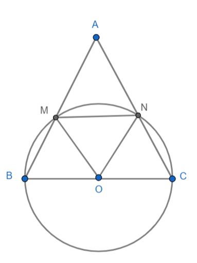 cho tam giác ABC cân tại A. Vẽ đường tròn tâm O, đường kính BC. Đường tròn  (ảnh 1)