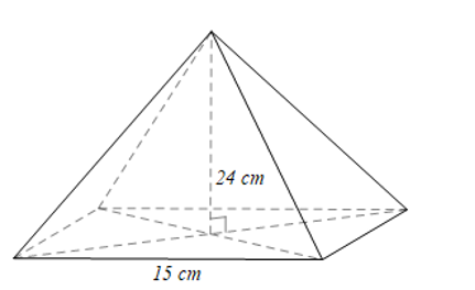 Tính thể tích của hình chóp tứ giác đều có chiều cao 24 cm, tứ giác đáy có cạnh 15 cm. (ảnh 1)