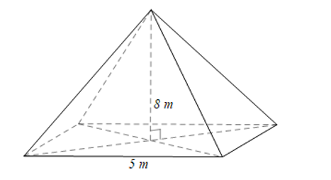 Cho hình chóp tứ giác đều có cạnh đáy bằng 5 m và chiều cao bằng 8 m. Thể tích của hình chóp này là (ảnh 1)