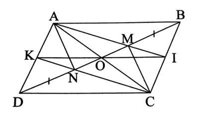 Cho hình bình hành ABCD. Trên đường chéo BD lấy hai điểm M và N sao cho BM = DN = 1/3 BD. a) Chứng minh ∆AMB = ∆CND. b) Chứng minh rằng tứ giác AMCN là hình bình hành. c) Gọi O là giao điểm của AC và BD, I là giao điểm của AM và BC. Chứng minh rằng AM = 2MI. d) Gọi K là giao điểm của CN và AD. Chứng minh I và K đối xứng với nhau qua O. (ảnh 1)