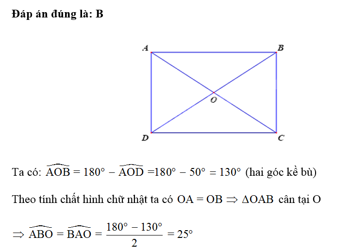 Hình chữ nhật ABCD có O là giao điểm của hai đường chéo. Biết góc AOD= 50 độ tính số đo góc ABO (ảnh 1)