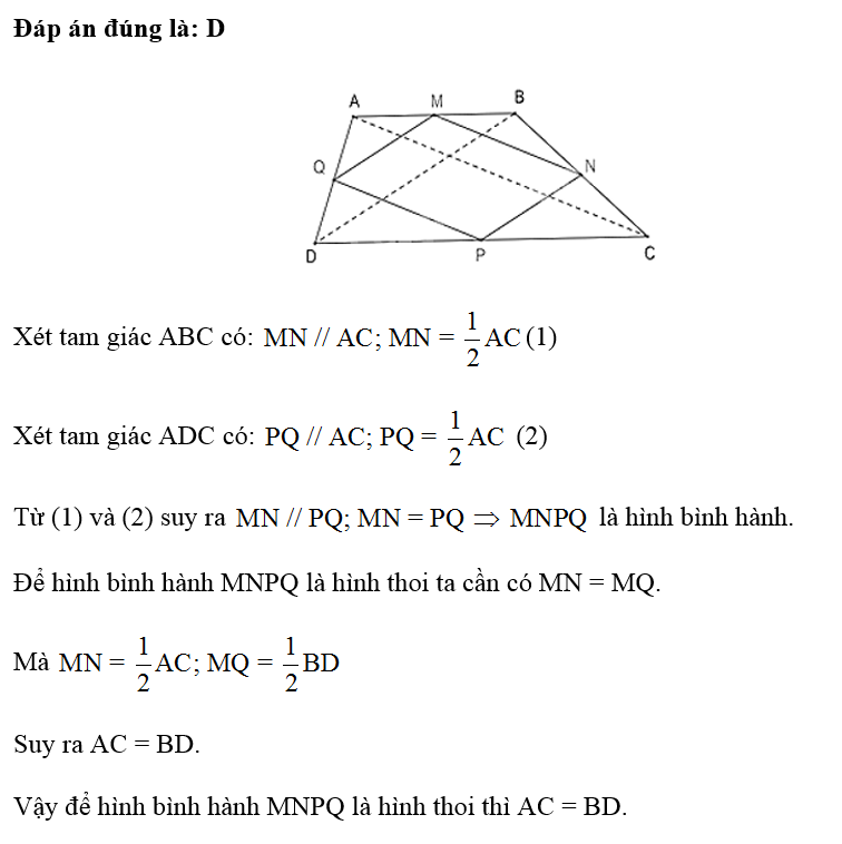 Cho hình thang ABCD. Gọi M, N, P, Q lần lượt là các điểm thuộc các cạnh AB, BC, CD, DA và (ảnh 1)