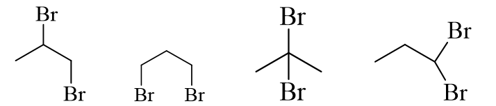 Số đồng phân mạch hở có cùng công thức phân tử C3H6Br2 là A. 1.			B. 2.			C. 3.			D. 4. (ảnh 1)