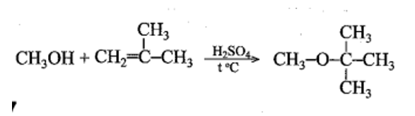 b) Trong công nghiệp, MTBE được sản xuất bằng phản ứng cộng methanol vào 2-methylpropene. Viết phương trình hóa học của phản ứng. (ảnh 1)