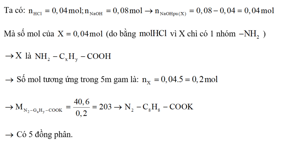 Cho m gam một alpha-amino axit X (là dẫn xuất của benzen, chỉ chứa 1 nhóm - NH2 trong phân từ) (ảnh 1)