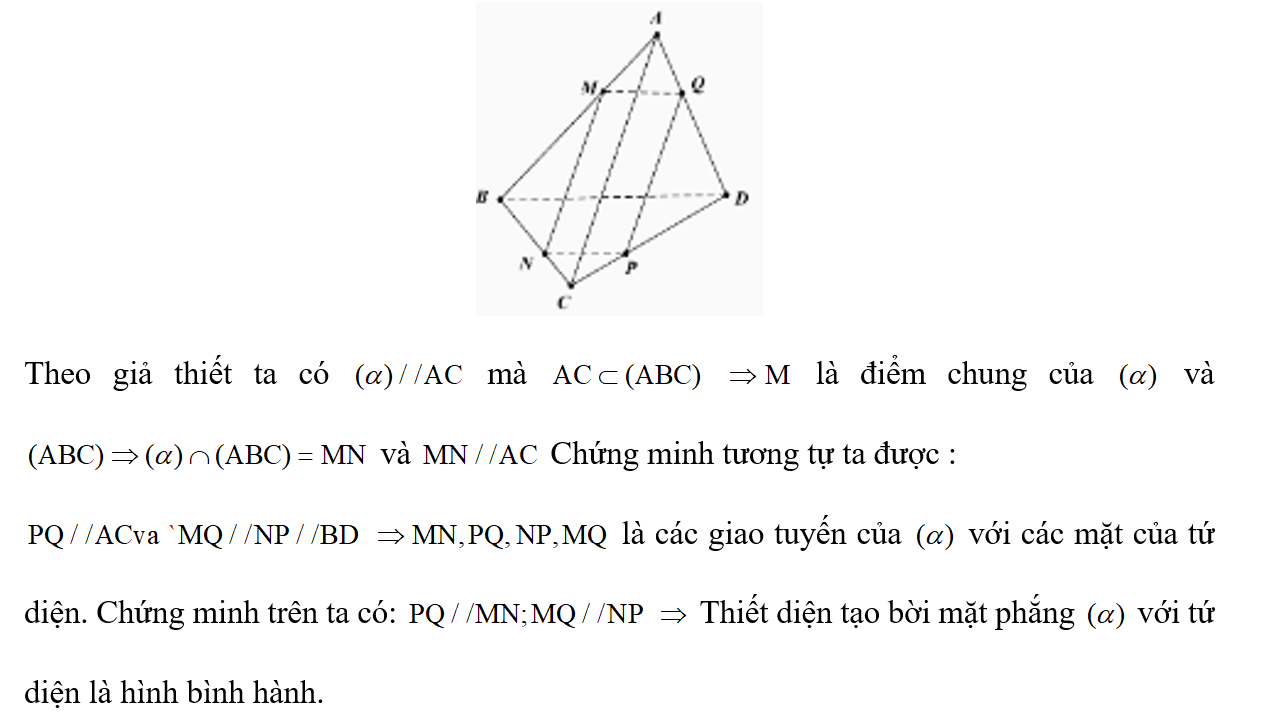 Cho tứ diện ABCD. Trên cạnh AB lấy một điểm M. Cho (a) là mặt phẳng qua M, song song với hai đường (ảnh 1)