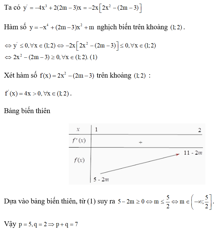 Tất cả các giá trị thực của tham số m sao cho hàm số y= -x^4 + (2m-3) x^2 + m nghịch biến trên khoảng (ảnh 1)