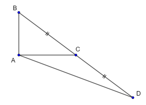 Tam giác ABC có a = 5, b = 4, c = 3. Lấy điểm D đối xứng B qua C. Độ dài đoạn AD (ảnh 1)