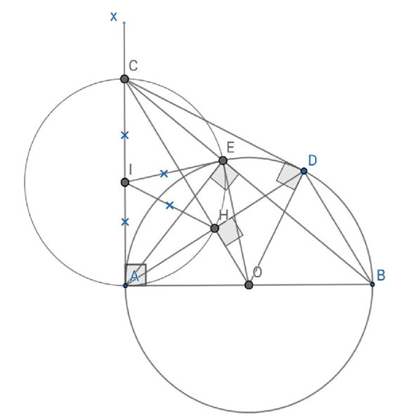 Cho đường tròn (O; R), đường kính AB. Trên đường tròn (O) lấy điểm D sao cho  (ảnh 1)