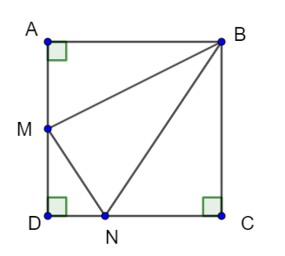 Cho hình vuông ABCD có M là trung điểm AD N thuộc CD sao cho NC = 2ND. Tính  (ảnh 1)