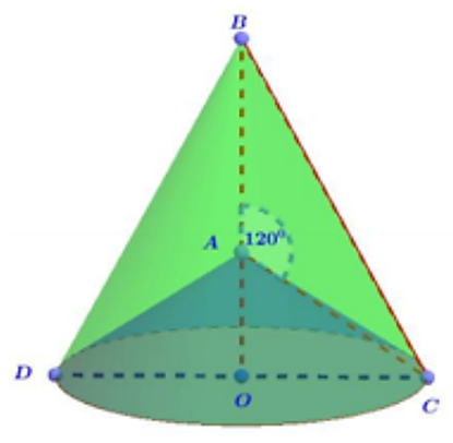 Cho tam giác ABC có góc A = 120 độ, AB = AC = a. Quay tam giác ABC (ảnh 1)
