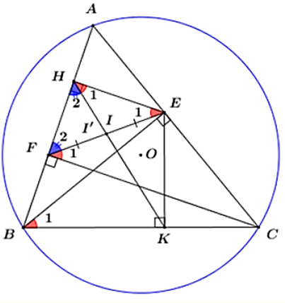 Cho tam giác ABC có ba góc nhọn và đường cao BE. Gọi H và K lần lượt là chân các (ảnh 1)