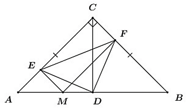 Cho tam giác ABC vuông cân tại C, M là điểm bất kỳ trên cạnh AB. Vẽ MF vuông góc BC  (ảnh 1)