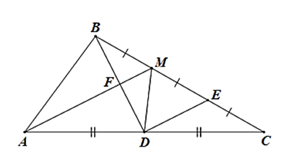 Cho tam giác ABC có AB = a, AC = 2a. Gọi D là trung điểm AC, M là điểm thỏa mãn (ảnh 1)