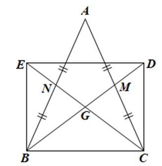 Cho tam giác ABC cân tại A có các đường trung tuyến BM, CN cắt nhau tại G. Trên tia đối  (ảnh 1)