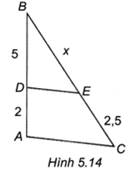 Cho Hình 5.14, biết DE // AC. Độ dài x là    A. 5. B. 7. C. 6,5. D. 6,25. (ảnh 1)