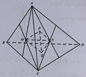 Cho tứ diện ABCD có thể tích V, gọi M, N, P, Q lần lượt là trọng tâm tam giác ABC, ACD, ABD và BCD. Thể tích khối tứ diện MNPQ bằng (ảnh 1)