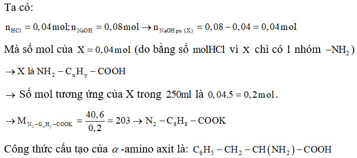 X là một alpha -amino axit có chứa vòng thơm và một nhóm -NH2  trong phân tử. Biết 50ml dung dịch X phản ứng vừa đủ với 80 ml dung dịch (ảnh 1)