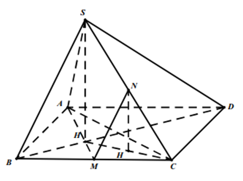 Cho hình chóp S.ABCD có đáy ABCD là hình chữ nhật với ab = a, ad = a căn 3. Hình chiếu vuông góc H của S lên mặt đáy trùng với trọng tâm của tam giác ABC và sh = a/2 (ảnh 1)