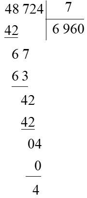 Thực hiện phép tính 48 724 : 7 được:  A. Thương là 6 960 và số dư là 11.  B. Thường là 696 và số dư là 4.  C. Thương là 6 960 và số dư là 3.  D. Thương là 6 960 và số dư là 4. (ảnh 1)