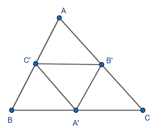 Cho tam giác ABC có A’, B’, C’ lần lượt là trung điểm của BC, CA, AB.  a) Chứng minh (ảnh 1)