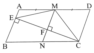 Cho hình bình hành ABCD có AD = 2AB. Gọi M là trung điểm của AD. Kẻ CE vuông góc với AB tại E, MF vuông góc với CE tại F, MF cắt BC tại N. Chứng minh rằng: a) Tứ giác MDCN là hình thoi; b) Tam giác EMC là tam giác cân; c)  . (ảnh 1)