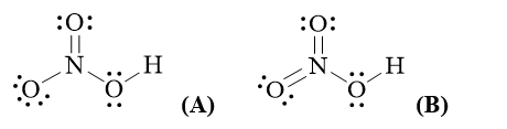 b) Có 2 đề xuất về công thức Lewis của phân tử HNO3 như bên: (ảnh 1)