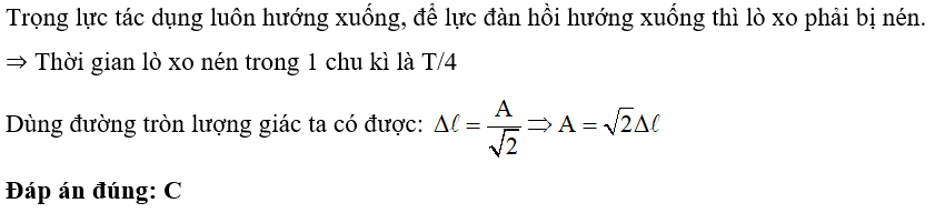 Con lắc lò xo treo thẳng đứng, tại vị trí cân bằng lò xo dãn Δl. Kích thích để quả nặng dao động điều hoà theo phương thẳng đứng với chu kì T. Trong một chu kỳ khoảng thời gian để trọng lực và lực đàn hồi tác dụng vào vật cùng chiều với nhau là T/4. Biên độ dao động của vật là (ảnh 1)