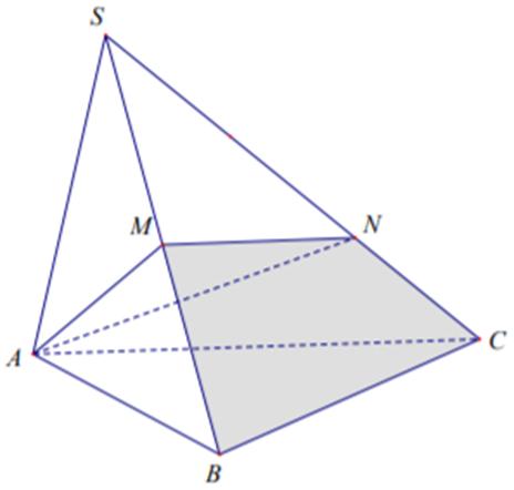 Cho hình chóp tam giác S.ABC. Gọi M là trung điểm của SB, N thuộc cạnh SC sao cho (ảnh 1)