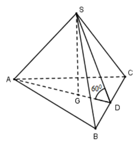 Cho hình chóp tam giác đều S.ABC có cạnh đáy bằng a và mặt bên hợp với đáy một góc (ảnh 1)