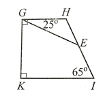Cho tứ giác GHIK có góc KGH = góc K = 90 độ, góc I = 65 độ. Trên HI lấy điểm E sao cho (ảnh 1)