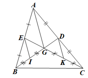 Cho tam giác ABC, các đường trung tuyến BD và CE cắt nhau ở G. Gọi I, K theo thứ tự là trung điểm của GB, GC. Biết AG = 4 cm, độ dài của EI, DK là (ảnh 1)