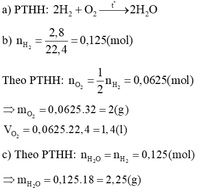Đốt cháy 2,8 lít khí hiđro trong không khí.  a) Viết PTHH?  b) Tính thể tích và khối lượng của khí oxi cần dùng  c) Tính khối lượng nước thu được (Thể tích thu được ở đktc). (ảnh 1)