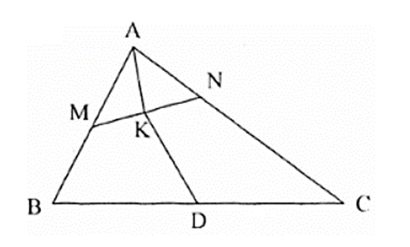 Cho tam giác ABC. Gọi M là trung điểm của AB và N là điểm trên cạnh AC sao  (ảnh 1)