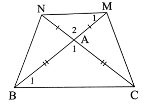 Cho tam giác ABC cân tại A. Trên tia đối của tia AB lấy điểm M, trên tia đối của tia AC lấy điểm N sao cho AM = AN. Chứng minh tứ giác MNBC là hình thang cân. (ảnh 1)