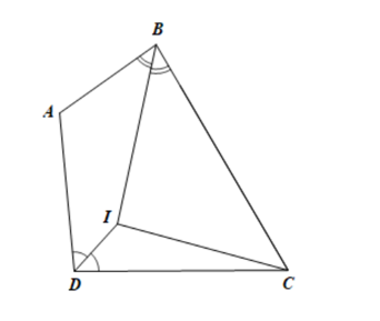 Tứ giác ABCD có: góc A- góc C= 60 độ. Các tia phân giác của các góc B và D cắt nhau tại I (hình vẽ). (ảnh 1)