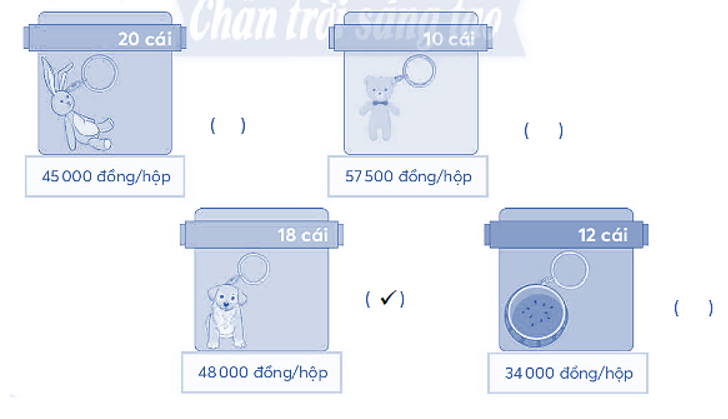 Có ba bạn dự định góp tiền mua chung một hộp đồ chơi.  Hãy làm dấu () hộp em chọn để mỗi bạn đóng góp số tiền như nhau và nhận được số lượng đồ chơi như nhau.    (ảnh 2)