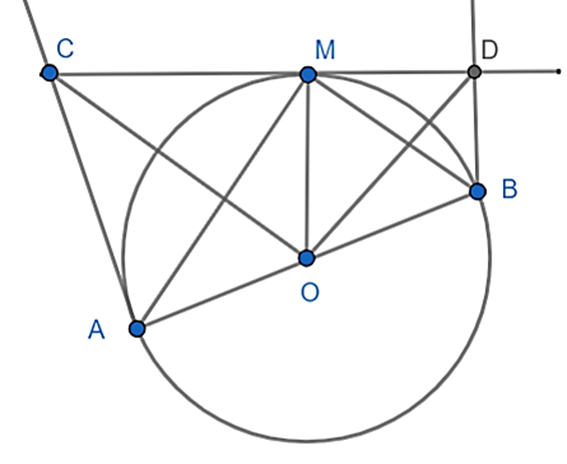 Cho đường tròn (O; R) đường kính AB,  M là một điểm bất kì trên đường tròn (M  (ảnh 1)