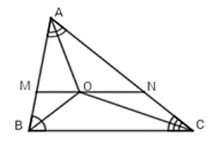 Cho ∆ABC có các tia phân giác của góc B và góc A cắt nhau tại điểm O. Qua O kẻ  (ảnh 1)