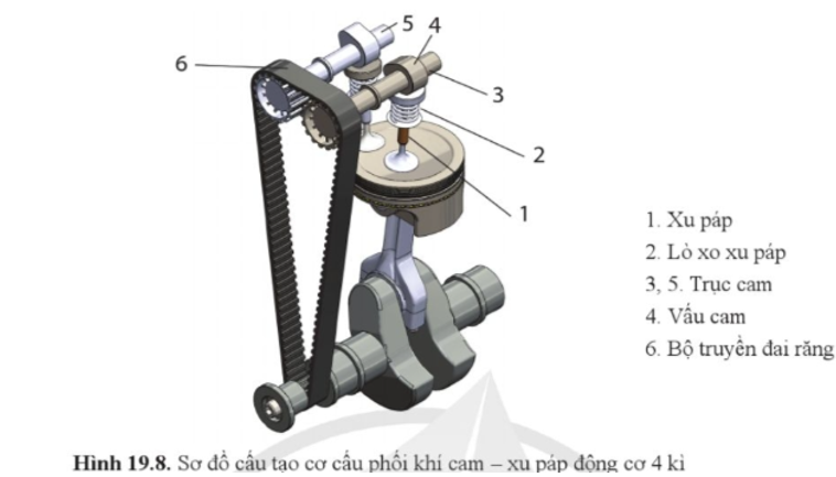 Quan sát hình 19.8 và chỉ ra các bộ phận chính của cơ cấu phối khí cam – xu páp động cơ 4 kì. (ảnh 1)