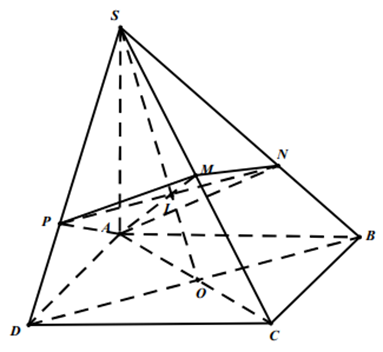 Cho khối chóp tứ giác S.ABCD có đáy là hình bình hành. Gọi M là trung điểm của SC , mặt phẳng (P) chứa AM và song song BD chia khối chóp thành hai khối đa diện, gọi V (ảnh 1)
