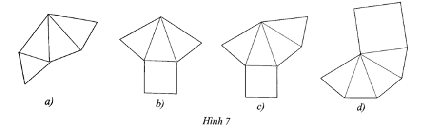 Trong các hình khai triển sau, hình nào gấp theo đường màu xanh thì được một hình chóp tam giác đều hay một hình chóp tứ giác đều. (ảnh 1)