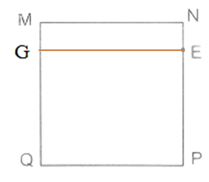 Cho hình vuông MNPQ và điểm E trên cạnh NP.  Hãy vẽ đường thẳng đi qua điểm E và vuông góc với NP, cắt cạnh QM tại điểm G. (ảnh 2)