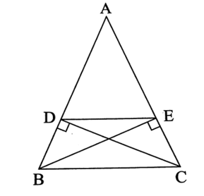 Cho tam giác ABC cân tại A, có hai đường cao là BE và CD (D ∈ AB, E ∈ AC). Chứng minh tứ giác BDEC là hình thang cân. (ảnh 1)