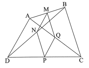 Cho tứ giác ABCD. Gọi M, N, P, Q lần lượt là trung điểm của AB, BD, DC, CA. Chứng minh rằng tứ giác MNPQ là hình bình hành. (ảnh 1)